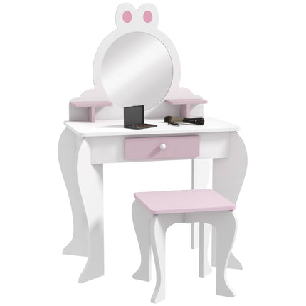2 Piece Kids Dressing Table and Stool Set with Mirror - White and Pink
