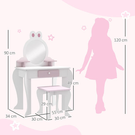 2 Piece Kids Dressing Table and Stool Set with Mirror - White and Pink