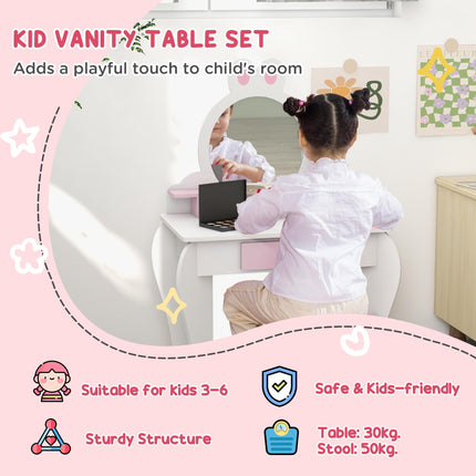 2 Piece Kids Dressing Table and Stool Set with Mirror - White and Pink