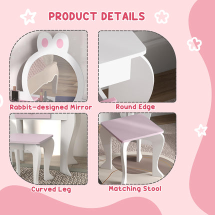 2 Piece Kids Dressing Table and Stool Set with Mirror - White and Pink