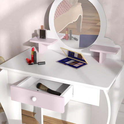 2 Piece Kids Dressing Table and Stool Set with Mirror - White and Pink
