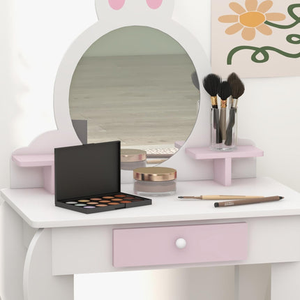 2 Piece Kids Dressing Table and Stool Set with Mirror - White and Pink