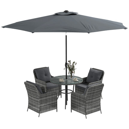 6 Piece 4 Seater Outdoor Rattan Garden Dining Set with Umbrella & Cushions - Mixed Grey