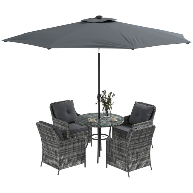 6 Piece 4 Seater Outdoor Rattan Garden Dining Set with Umbrella & Cushions - Mixed Grey