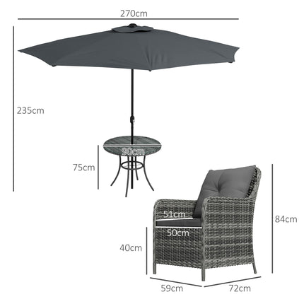 6 Piece 4 Seater Outdoor Rattan Garden Dining Set with Umbrella & Cushions - Mixed Grey