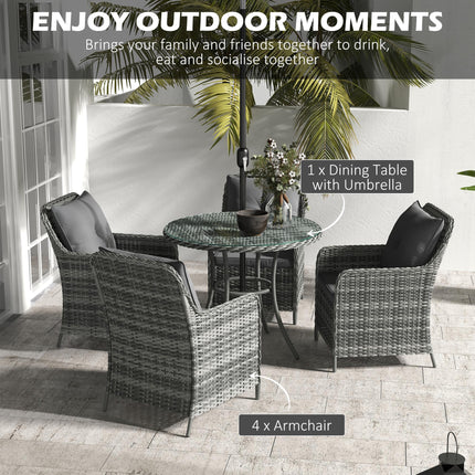 6 Piece 4 Seater Outdoor Rattan Garden Dining Set with Umbrella & Cushions - Mixed Grey
