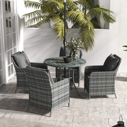 6 Piece 4 Seater Outdoor Rattan Garden Dining Set with Umbrella & Cushions - Mixed Grey