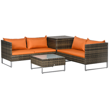 Four-Piece Rattan Outdoor Sofa Set with Storage Table - Orange/Brown