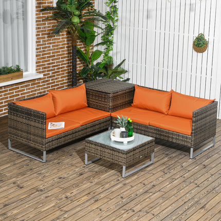 Four-Piece Rattan Outdoor Sofa Set with Storage Table - Orange/Brown