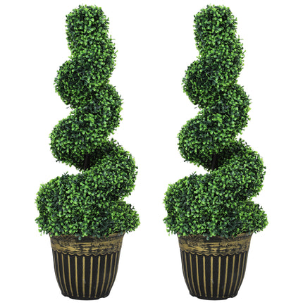 Set of 2 Artificial 90cm Spiral Boxwood Plants with Cement Pots - Green