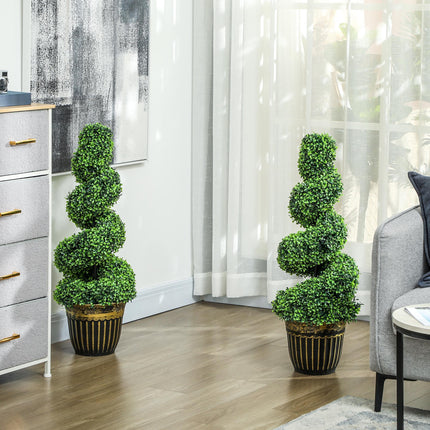 Set of 2 Artificial 90cm Spiral Boxwood Plants with Cement Pots - Green
