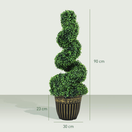 Set of 2 Artificial 90cm Spiral Boxwood Plants with Cement Pots - Green