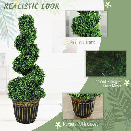 Set of 2 Artificial 90cm Spiral Boxwood Plants with Cement Pots - Green
