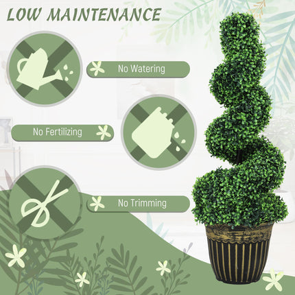 Set of 2 Artificial 90cm Spiral Boxwood Plants with Cement Pots - Green