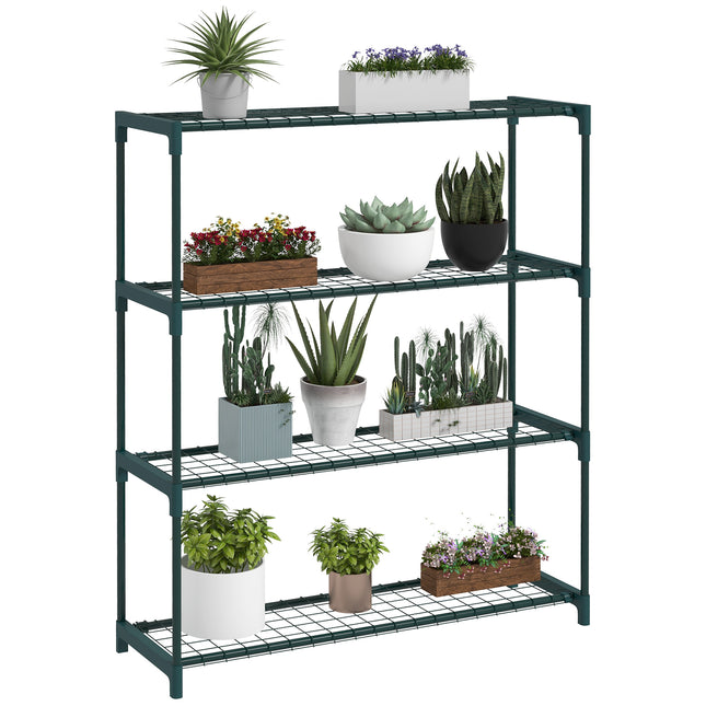 Four Tier Steel Plant Shelf with Sturdy Frame and Grid Shelves - Black