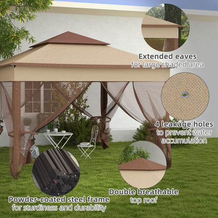 3 x 3 Metre Pop Up Gazebo with Double Roof and Netting - Khaki