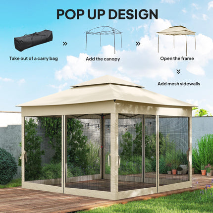 3 x 3 Metre Pop Up Gazebo with Double Roof and Netting - Cream White