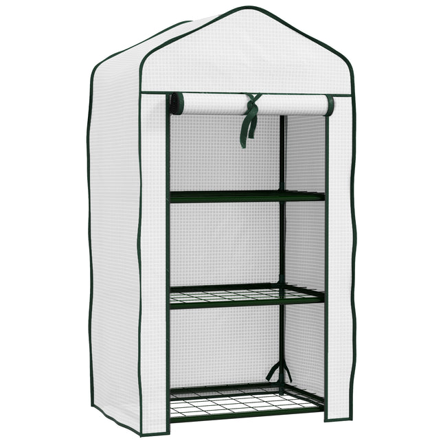 Three Tier Mini Greenhouse with Steel Frame and Mesh Shelves - White