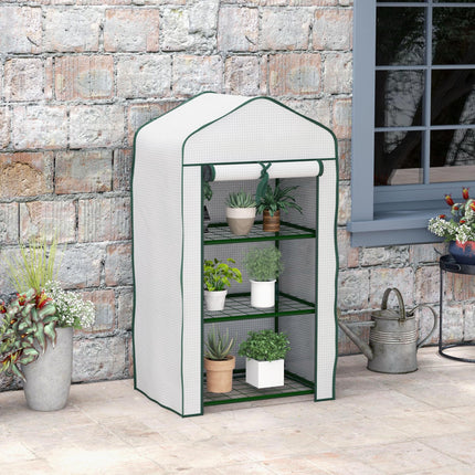 Three Tier Mini Greenhouse with Steel Frame and Mesh Shelves - White