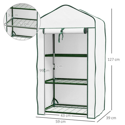 Three Tier Mini Greenhouse with Steel Frame and Mesh Shelves - White