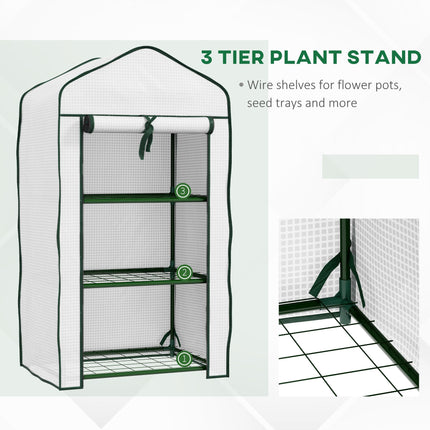 Three Tier Mini Greenhouse with Steel Frame and Mesh Shelves - White