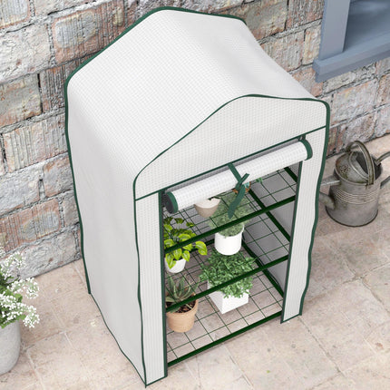 Three Tier Mini Greenhouse with Steel Frame and Mesh Shelves - White