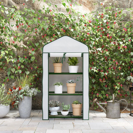 Three Tier Mini Greenhouse with Steel Frame and Mesh Shelves - White
