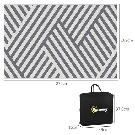Reversible Plastic Straw Outdoor Rug 182x274cm with Carry Bag - Grey Cream