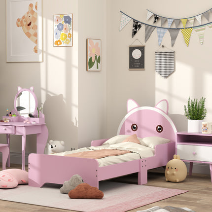 Toddler Bed Frame with Guardrails and Cat Design - Pink