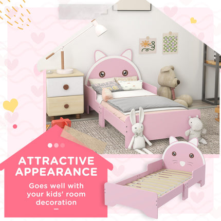 Toddler Bed Frame with Guardrails and Cat Design - Pink