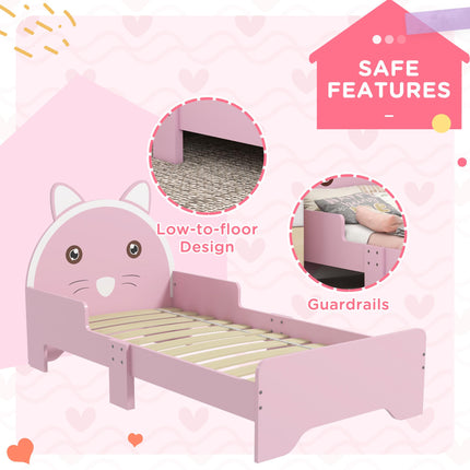 Toddler Bed Frame with Guardrails and Cat Design - Pink