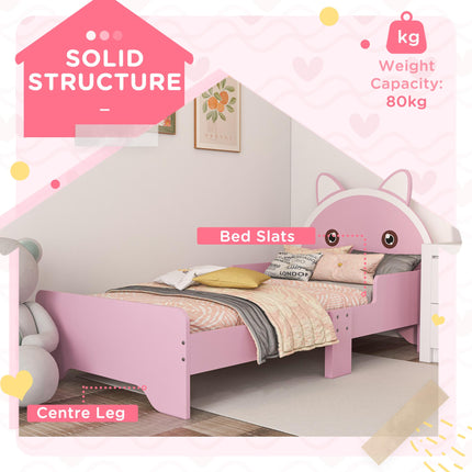 Toddler Bed Frame with Guardrails and Cat Design - Pink