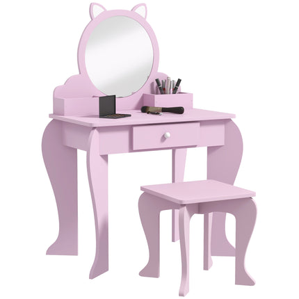 Kids Vanity Table Set with Mirror, Stool & Storage Drawer - Pink Cat Design