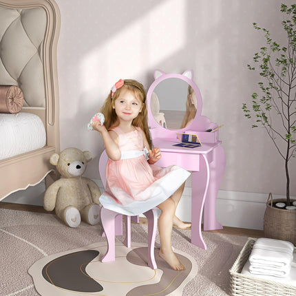 Kids Vanity Table Set with Mirror, Stool & Storage Drawer - Pink Cat Design