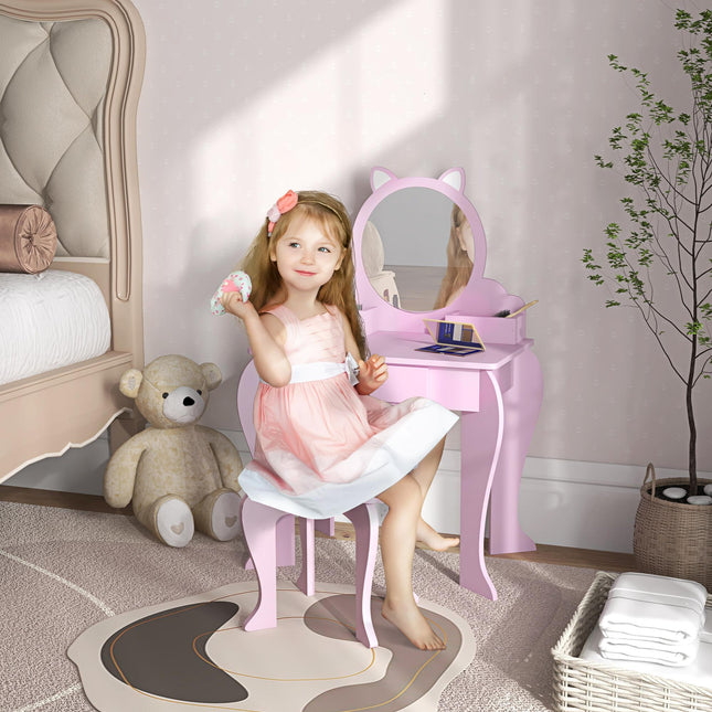 Kids Vanity Table Set with Mirror, Stool & Storage Drawer - Pink Cat Design