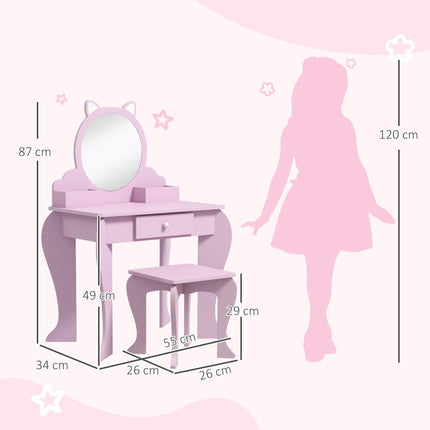 Kids Vanity Table Set with Mirror, Stool & Storage Drawer - Pink Cat Design