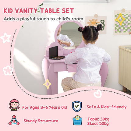 Kids Vanity Table Set with Mirror, Stool & Storage Drawer - Pink Cat Design