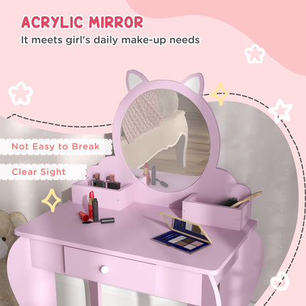 Kids Vanity Table Set with Mirror, Stool & Storage Drawer - Pink Cat Design