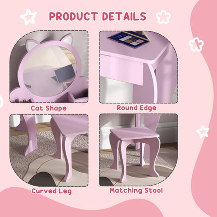 Kids Vanity Table Set with Mirror, Stool & Storage Drawer - Pink Cat Design