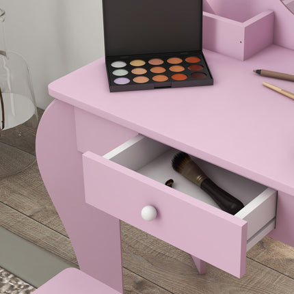 Kids Vanity Table Set with Mirror, Stool & Storage Drawer - Pink Cat Design