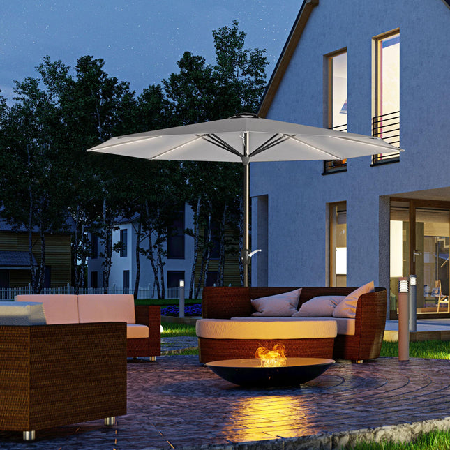 Garden Parasol with Solar LED Lights and Crank Handle - Light Grey