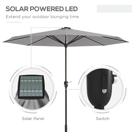 Garden Parasol with Solar LED Lights and Crank Handle - Light Grey