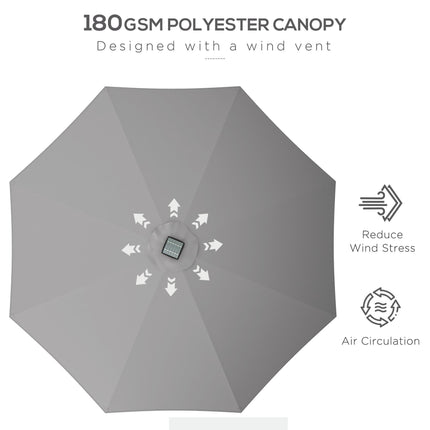 Garden Parasol with Solar LED Lights and Crank Handle - Light Grey