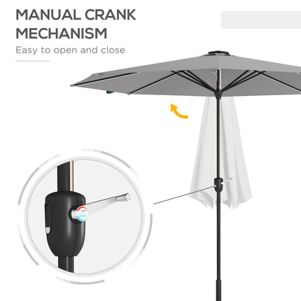 Garden Parasol with Solar LED Lights and Crank Handle - Light Grey