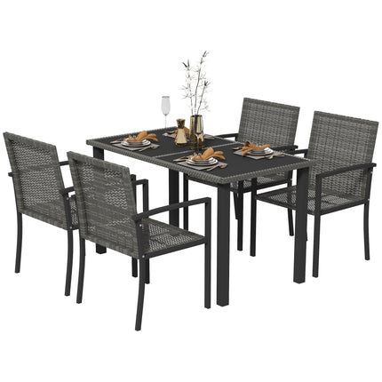 5 Piece Grey Rattan Outdoor Dining Set with Tempered Glass Tabletop