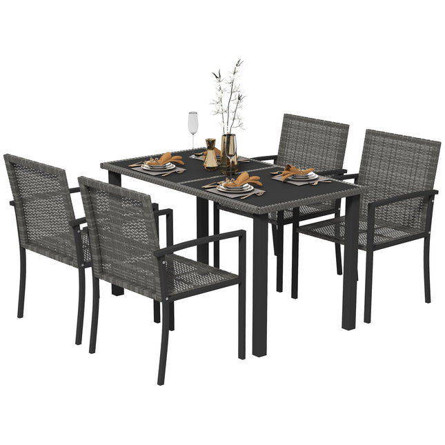 5 Piece Grey Rattan Outdoor Dining Set with Tempered Glass Tabletop
