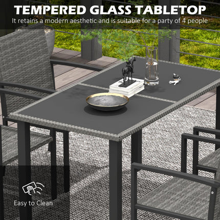 5 Piece Grey Rattan Outdoor Dining Set with Tempered Glass Tabletop