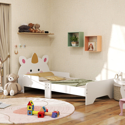 Toddler Bed with Unicorn Design and Safety Rails - White