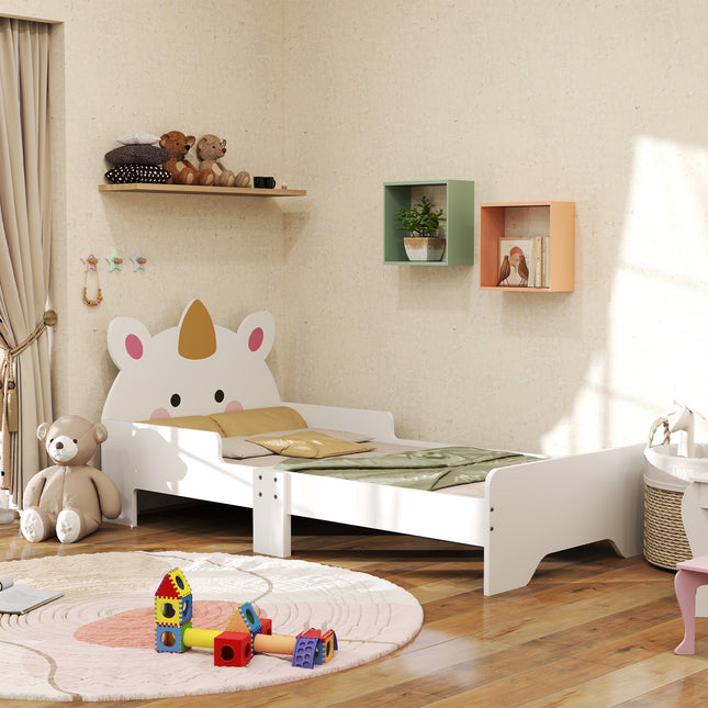 Toddler Bed with Unicorn Design and Safety Rails - White