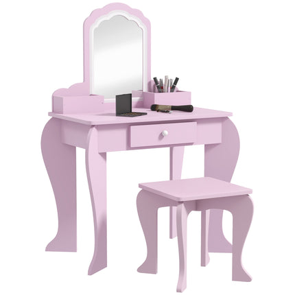 Kids Vanity Table Set with Stool and Mirror Pink Cloud Design - Pink